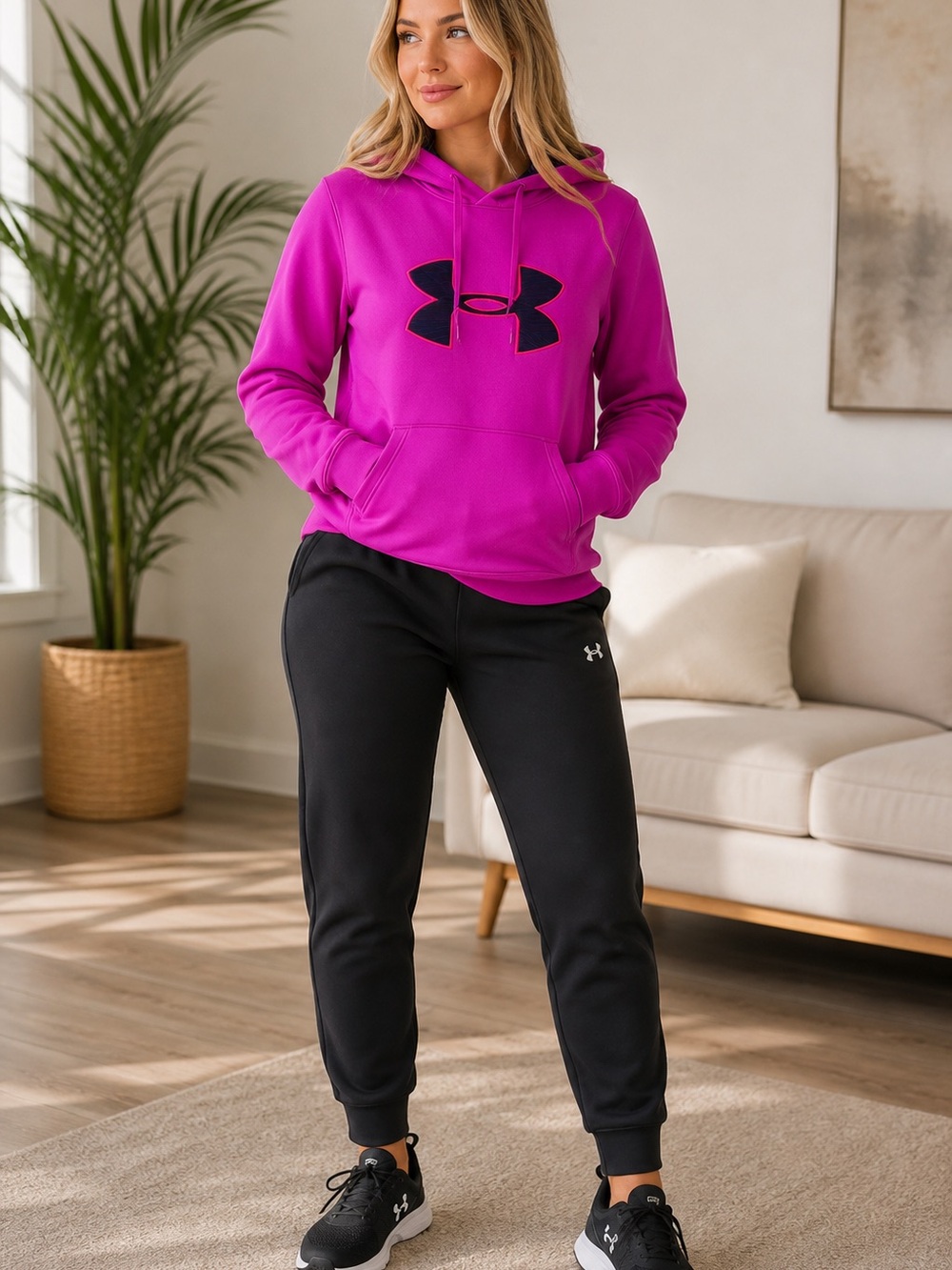 Under Armour Women's Magenta Hoodie and Black Joggers Set